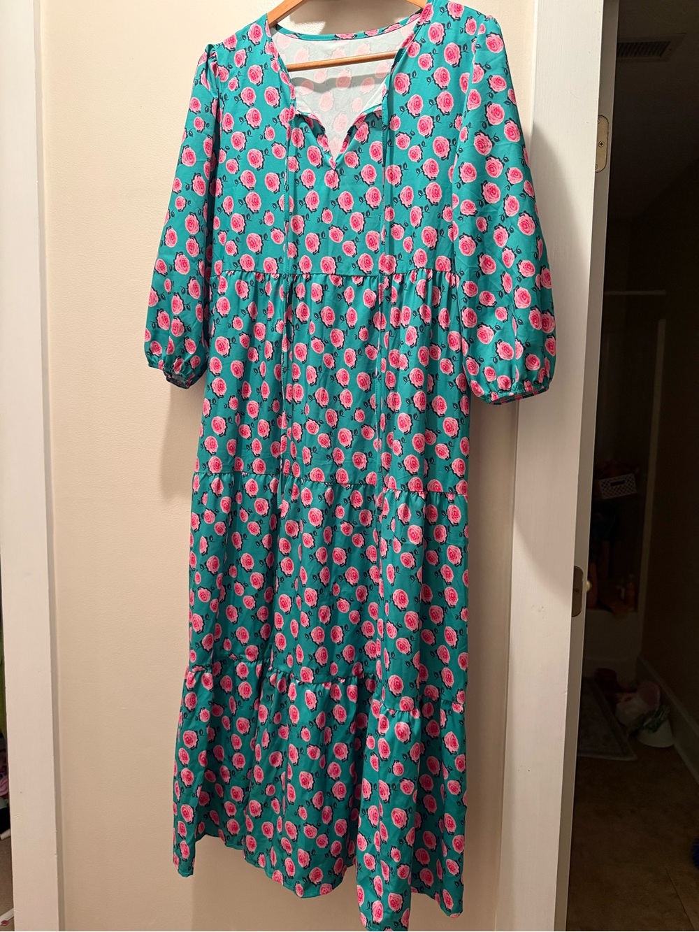 Teal Floral Tiered Midi Dress